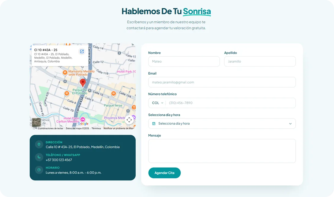 Sección 'Hablemos De Tu Sonrisa' con mapa de ubicación y formulario de agendamiento del sitio de Dentia