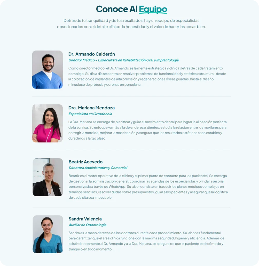 Sección 'Conoce Al Equipo' con testimonios de pacientes del sitio de Dentia