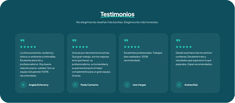 Sección de testimonios de pacientes con reseñas y calificaciones del sitio de Dentia