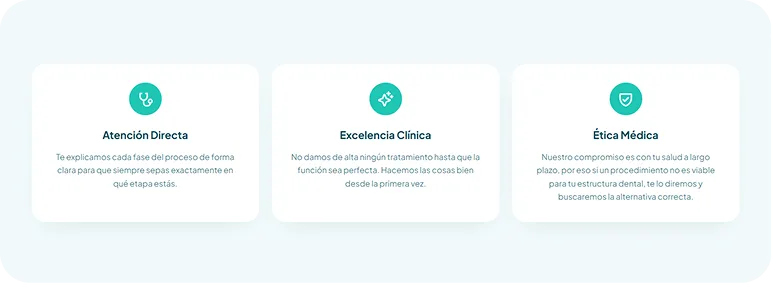 Tarjetas de valores de la clínica: Atención Directa, Excelencia Clínica y Ética Médica