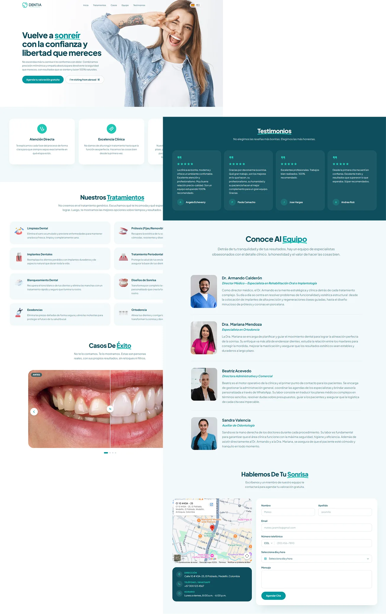 Collage de pantallas del sitio de Dentia: hero, valores, tratamientos, testimonios, equipo y contacto