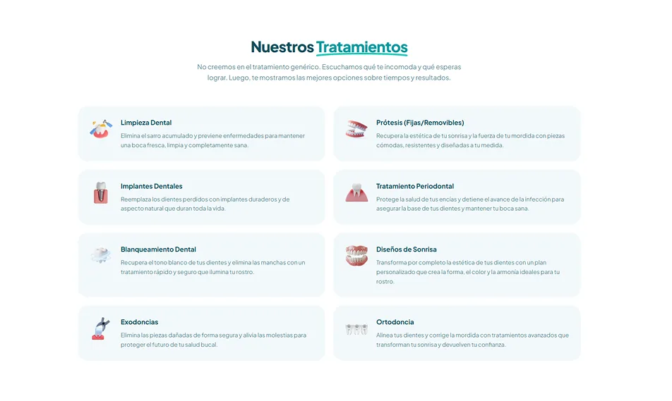 Sección 'Nuestros Tratamientos' con cuadrícula de servicios dentales del sitio de Dentia