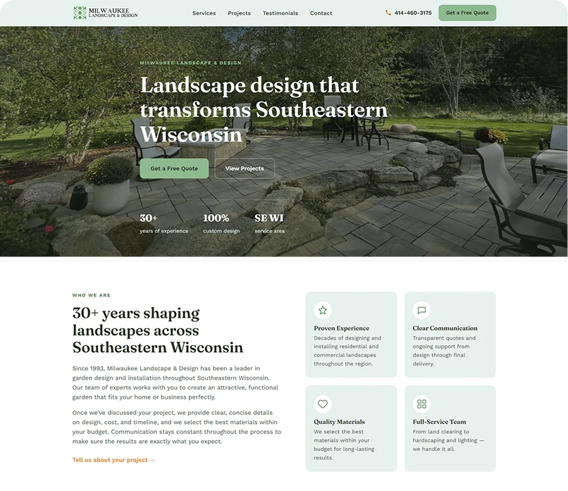 Interfaz rediseñada del sitio web de Milwaukee Landscape & Design, después del rediseño