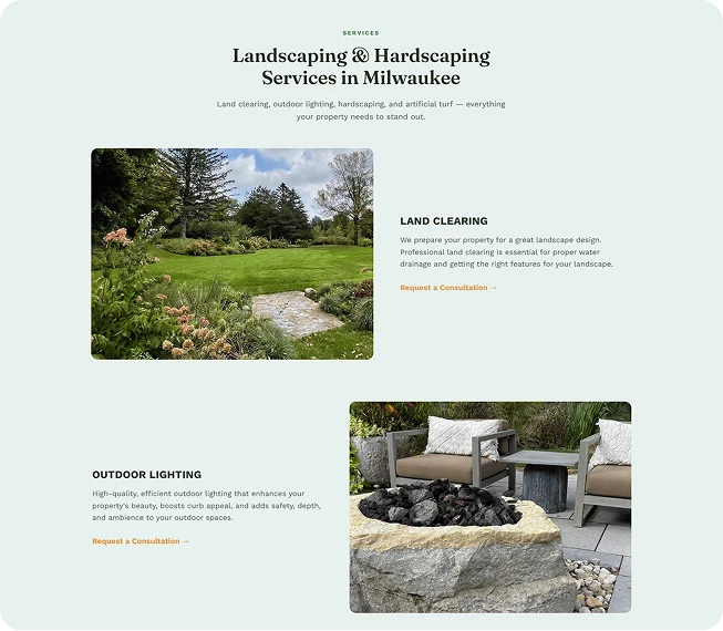 Sección de servicios de landscaping y hardscaping del sitio rediseñado