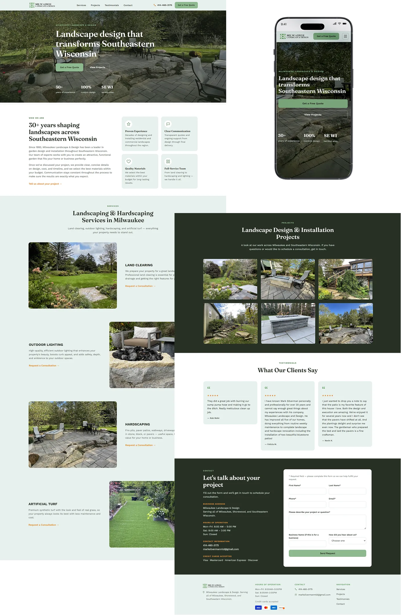 Prototipo del sitio web de Milwaukee Landscape & Design en escritorio y móvil