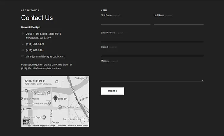 Sección 'Contact Us' con formulario de contacto y mapa de ubicación del sitio de Summit Design Group