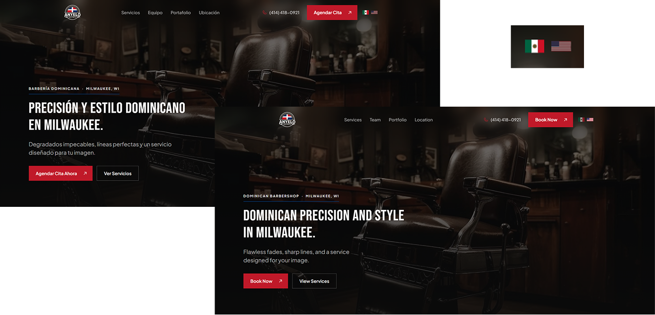 Comparación de la versión en español e inglés del sitio de Anyelo RD Barbershop