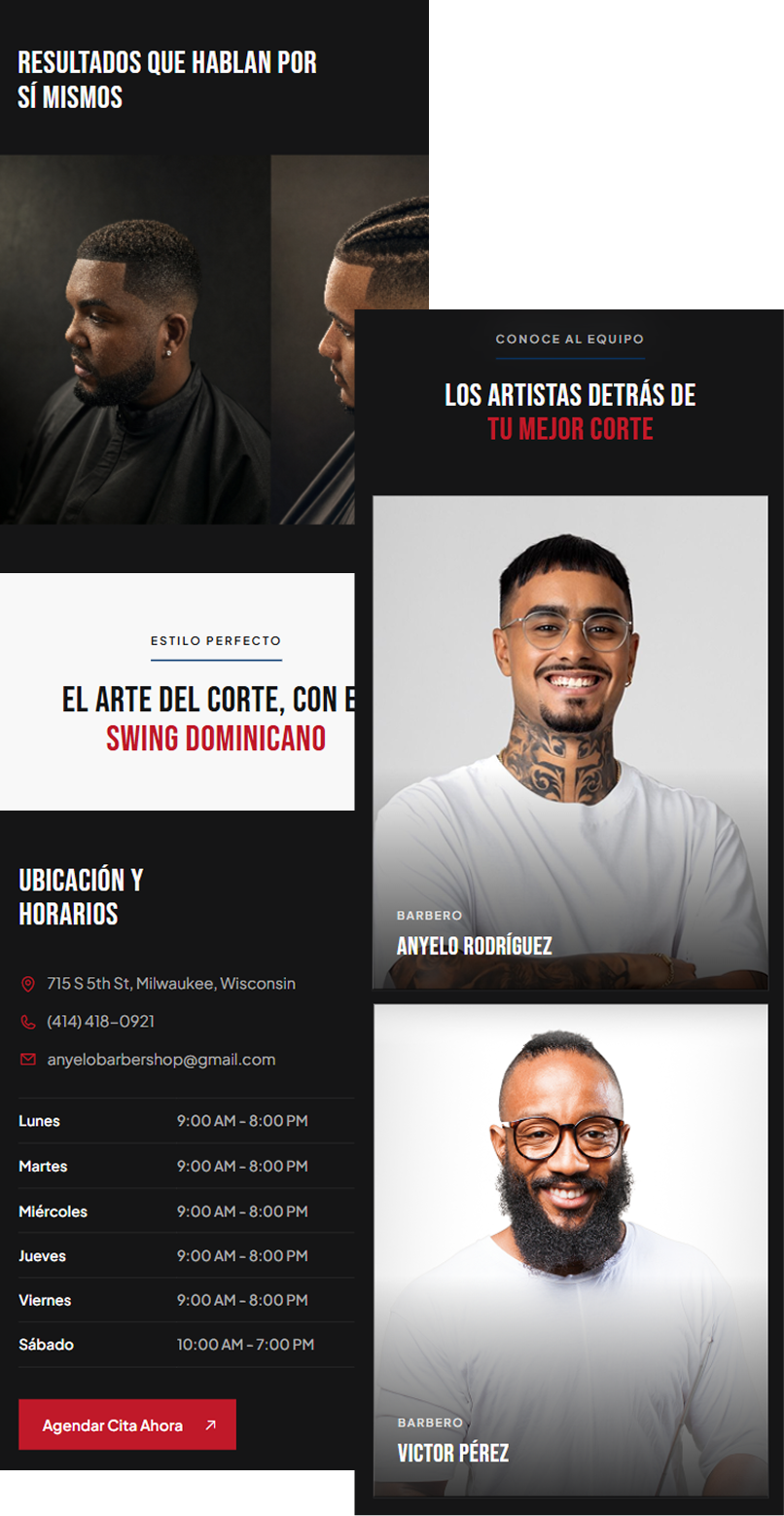 Versión móvil del sitio de Anyelo RD Barbershop: galería de resultados y equipo de barberos