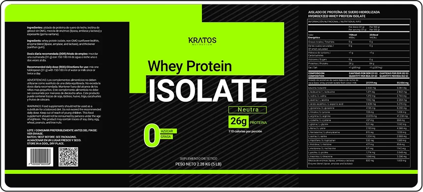 Etiqueta técnica del empaque de Kratos Whey Protein Isolate