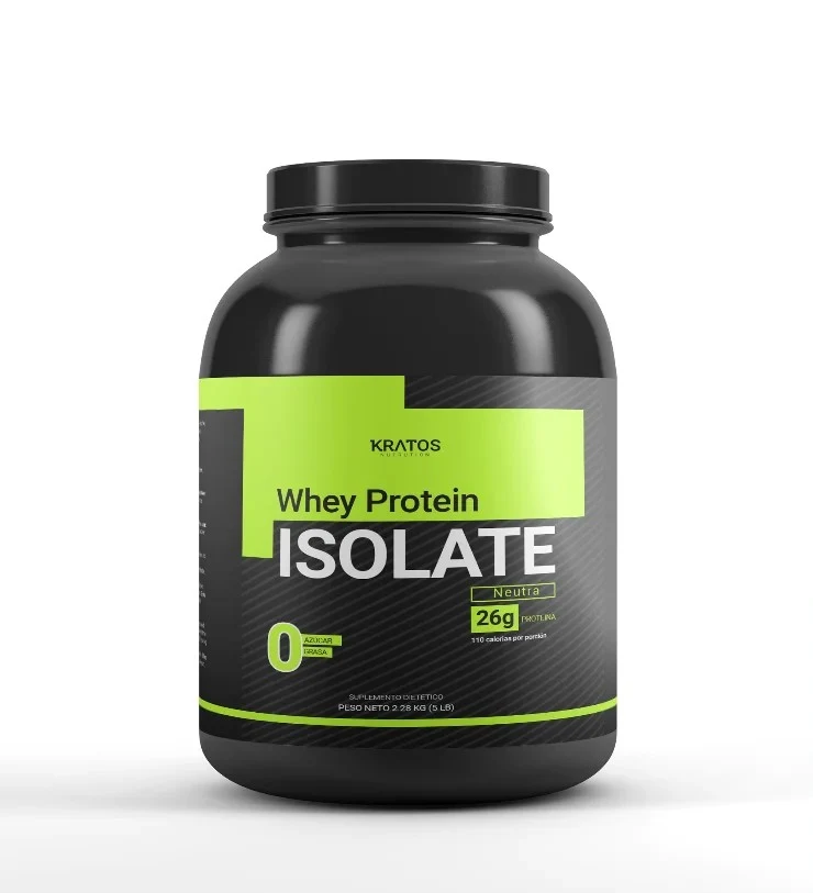 Frasco de Kratos Whey Protein Isolate fotografiado en estudio