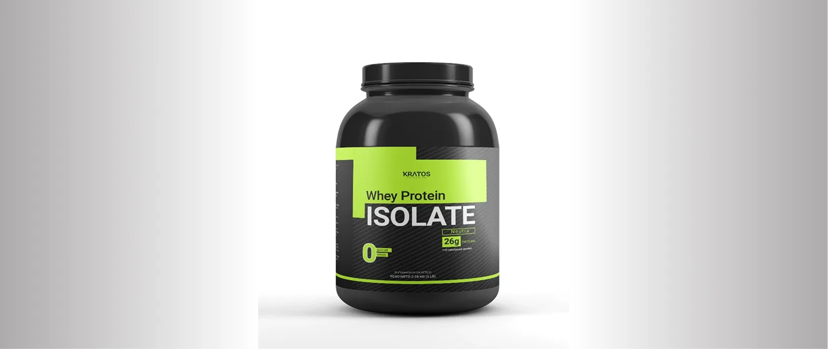 Bote de Whey Protein Isolate de Kratos Nutrition sobre fondo verde