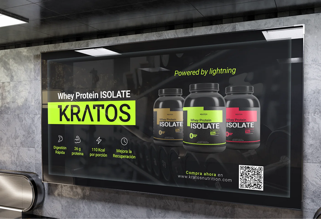 Publicidad de Kratos Whey Protein Isolate en una valla del metro