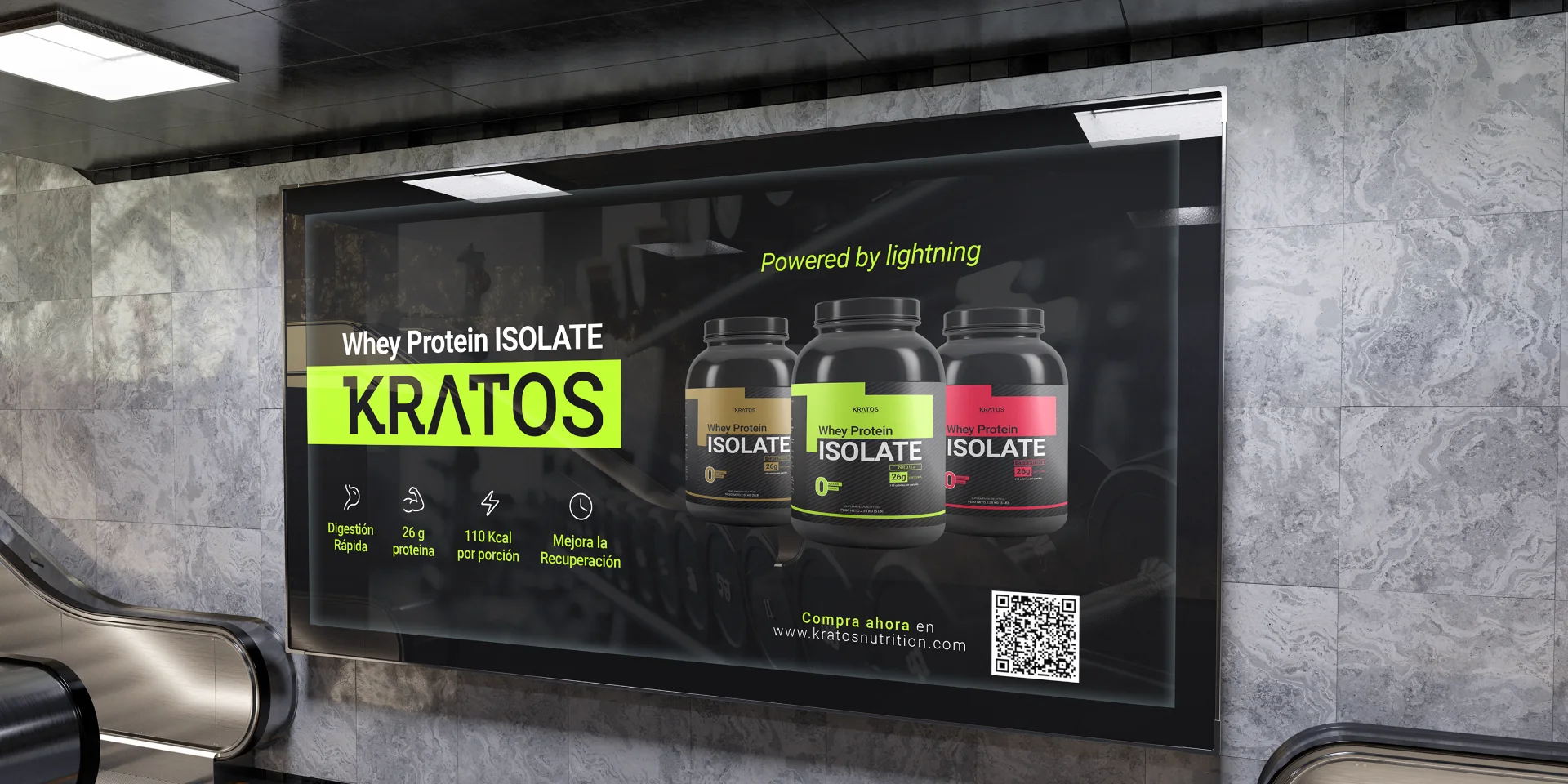 Publicidad de Kratos Whey Protein Isolate en una valla del metro
